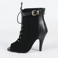 Women's Black PU Upper Ankle Dance Boots Peep Toe Lace-Up Cutout High Heel Latin Salsa Jazz Ballroom Booties Suede Sole Indoor