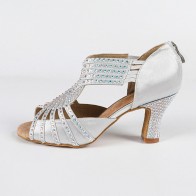 Womens Girls White Satin PU Rhinestone Latin Dance Shoes Peep-Toe Cross Strap Ballroom Salsa Samba Heels Suede Sole Indoor