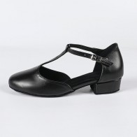Womens Black PU T-Strap Casual Medium Ballroom/Salsa/Waltz Dance Shoes Low Block Heel Suede Sole Indoor Dancing