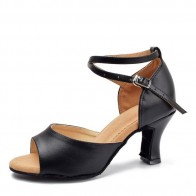 Women's Black PU Latin/Salsa Ballroom Dance Shoes Fish-Open-Toe Cross Ankle Strap Cuban Heel Suede Sole Medium Indoor Dancing