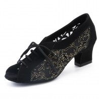 This professional women’s dance shoe features mesh with gold‑thread embroidery spliced with suede fabric. The block‑heel lace‑up peep‑toe design suits Latin dance, ballroom dance, modern dance for daily training and competitions.