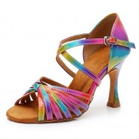 This professional women’s high‑heel dance sandal is made of laser rainbow‑gradient patent leather. Equipped with crisscross straps, an adjustable ankle buckle, flared heels and professional suede dance outsoles, it features outstanding visual effects and 