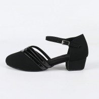 Black Matte Suede & Patent Leather Buckle Block-Heel Closed-Toe Professional Indoor Modern Ballroom Dance Shoes for Adult Women