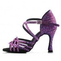 Fuchsia Purple Full-Rhinestone Cross-Strap Peep-Toe Stiletto Professional Indoor Latin Performance Dance Shoes for Adult Women