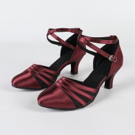 Wine Red Satin & Mesh Spliced Cross Ankle-Strap Mid-Heel Professional Indoor Adult Women's Latin & Modern Dance Shoes for Training and Performance