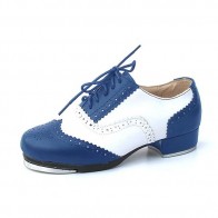 Blue-and-White Spliced Brogue Perforated Lace-up Low-heel Tap Shoes with Metal Sound Plates, Professional Anti-slip Dance Footwear for Adult & Kids' Stage Performance and Daily Tap Dance Training