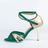 Women's Professional Latin Dance Shoes, Green-Gold Color-block Design, Suede & PU Upper, Buckle Ankle Strap, Electroplated Slim High Heel, Indoor Suede Sole for Competition, Performance & Training