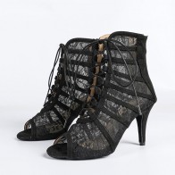 Women's Professional High-Top Latin Dance Ankle Boots, Black Lace Mesh Hollow Out Design, Front Lacing & Rear Zipper, Peep‑toe Stiletto Heel, Suede Soft Outsole for Indoor Dance Training & Stage Performance