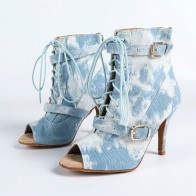 Women Tie‑Dye Washed Denim Peep‑Toe Stiletto High‑Top Dance Ankle Boots, Lace‑Up Double Metal Buckle & Rear Zipper Design, Professional Suede Outsole Footwear for Latin Dance, Jazz, Street Dance and Vintage‑Style Stage Performance