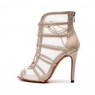 Nude Mesh Lace-up Peep-toe Stiletto Latin Dance Ankle Boots