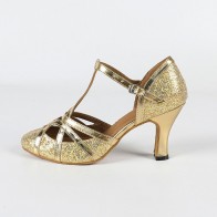 Golden Sequin T-strap Closed-Toe High-Heel Latin Dance Shoes
