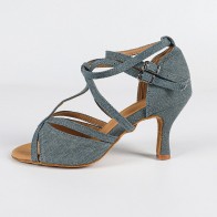 Denim Crisscross Strap Double-Buckle High Heel Latin Dance Shoes