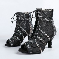 Mesh Rhinestone Peep-Toe Lace-Up High-Heel Latin Dance Ankle Boots
