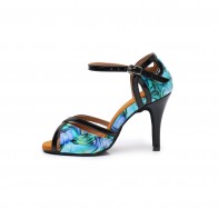 Blue‑Green Printed Patent Leather Stiletto Latin Dance Shoes
