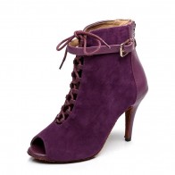 Purple Suede Front-Lace Buckle Peep-Toe High-Heel Latin Dance Ankle Boots
