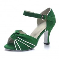 Green Suede Knot-Decorated Contrast-Color Wrap-Heel Ankle-Buckle Stiletto Latin Dance Shoes