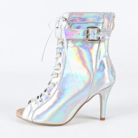 Holographic Iridescent Peep-Toe Lace-Up Buckle Stiletto Ankle Dance Boots