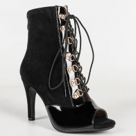 Suede & Patent Leather Spliced Peep‑Toe Front‑Lace Stiletto Ankle Dance Boots