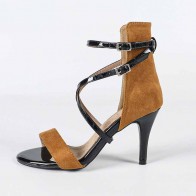 Brown & Black Color-block Crisscross Strap Stiletto Latin Dance Ankle Sandals
