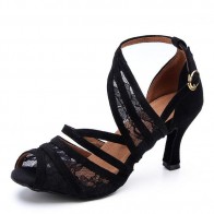 Professional High-heel Latin Dance Shoes with Lace Mesh & Crisscross Straps