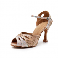 Nude Full Rhinestone Peep‑Toe Buckle High‑Heel Professional Latin Dance Shoes