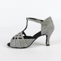Rhinestone-Encrusted T-Strap Buckle Stiletto Latin Dance Shoes