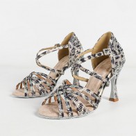 Leopard Print Rhinestone Crisscross Strap Stiletto Latin Dance Shoes