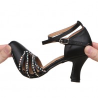 Women's Black Satin Rhinestone Cross Strap High-Heel Indoor Latin Ballroom Dance Shoes