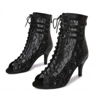 Women's Black Lace Mesh High‑top Lace‑up Peep‑Toe Slim Heel Dance Boots, Outdoor Rubber‑Sole Latin Dance Boots