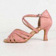 Women's Dusty‑Pink Suede Multi‑Crisscross Strap High‑Heel Latin Dance Shoes, Rhinestone Buckle Indoor Suede Sole Dance Sandals