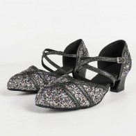 Women's Black Glitter Closed‑Toe Block‑Heel Modern Dance Shoes, Crisscross Buckle Indoor Dance Shoes