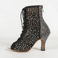 Women's Black Rhinestone High‑Top Dance Boots, Peep‑Toe Lace‑Up High‑Heel Latin Dance Boots, Indoor Suede Sole Dance Shoes
