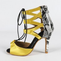 Women's Yellow Satin Snake‑Print Lace‑Up High‑Heel Professional Latin Dance Shoes