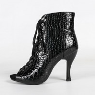 Women's Black Crocodile Patent High‑Top Latin Dance Boots Peep‑Toe Lace‑Up High Heels
