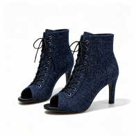 Women's Dark Blue Glitter Fabric High‑Top Latin Dance Boots Peep‑Toe Lace‑Up High Heels