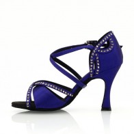 Women's Royal Blue Satin Rhinestone Latin Dance Shoes, Crisscross Straps Open‑Toe Soft Sole High Heels