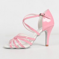Women's Pink Patent Leather Cross‑Strap Latin Dance Shoes, Stiletto Heel Soft Sole Ballroom Dancing Shoes