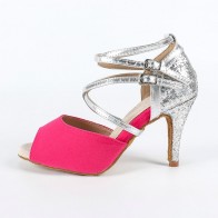 Women's Fuchsia Suede Silver Glitter Cross‑Strap Latin Dance Shoes, Peep‑Toe Double‑Buckle High Heel Soft Sole