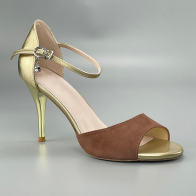 Women Suede‑Metallic Splicing Latin Dance Shoes, Peep‑Toe Ankle Strap Stiletto Heel Ballroom Salsa Performance Footwear