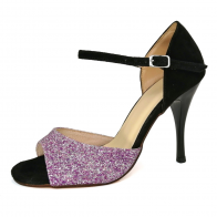 Women Purple Glitter Black Suede Latin Dance Shoes, Peep‑Toe Ankle Strap Stiletto Heel Ballroom Salsa Competition Performance Shoes