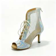 Evkoodance Iridescent Holographic Mesh Lace-Up High-Top Latin Dance Ankle Boots with PU Upper and Suede Outsole