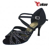 2017 Latin Dance Shoes For Ladies Satin With Diamond Salsa Dance Shoes 8.5cm Heel Black Tan Color Evkoo-275