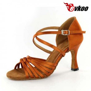 Satin tan color woman Latin ballroom dance shoes X-strap design 