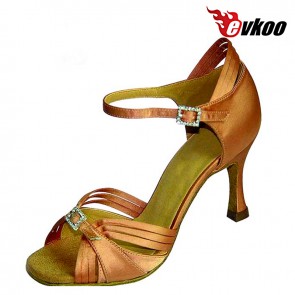 Crystal Buckle Popular Style 7.0cm Heel Leather Sole Tan Color  Ballroom Latin Dance Shoes Evkoo-050
