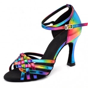 Women's Rainbow Laser Woven Latin Dance Shoes, Open‑Toe Ankle Strap Soft Sole High Heels