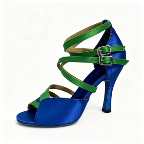 Women's Satin Latin/Salsa/Cha Cha Ballroom Dance Shoes Royal Blue/Green Contrast Strappy Heels Professional Indoor Competition