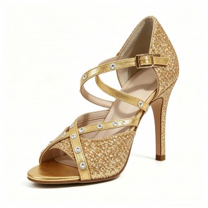 Women's Gold Glitter Latin/Ballroom/Salsa/Cha Cha Dance Shoes PU Upper Rhinestone Crisscross Straps Ankle Buckle Stiletto Heels