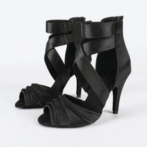 Women's Black Satin Latin Dance Shoes Crisscross Ankle Straps Back Zipper Stiletto Heels Professional Salsa Bachata Ballroom