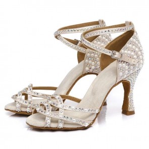 Women's White Satin Latin Dance Shoes Rhinestone Pearl Crisscross Ankle Strap Buckle Stiletto Heels Professional Salsa Bachata