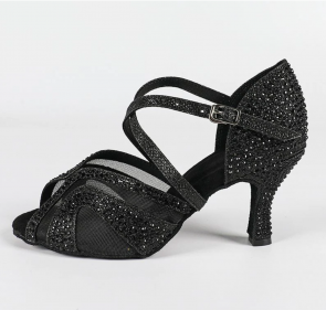 Women's Black Rhinestone Mesh Latin Dance Shoes Peep Toe Criss-Cross Ankle Strap Stiletto Heel Salsa Ballroom Cotton Lining